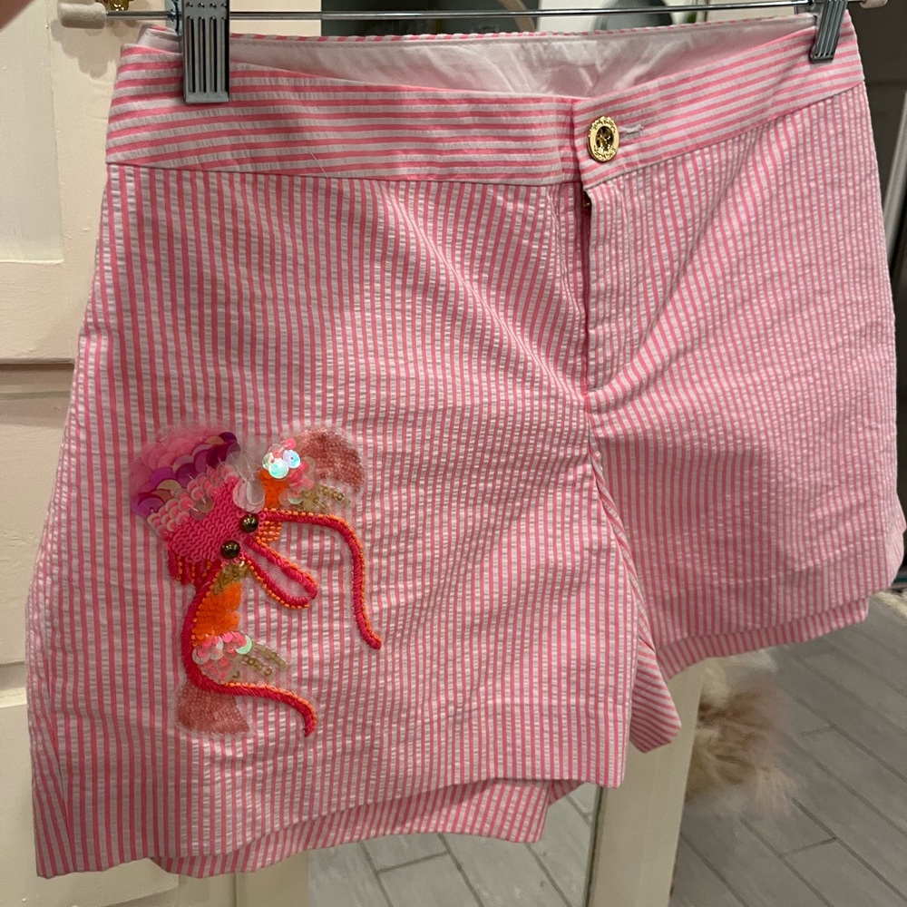 Lilly Pulitzer Pink Striped seersucker Callahan Shorts with Embroidered Lobster